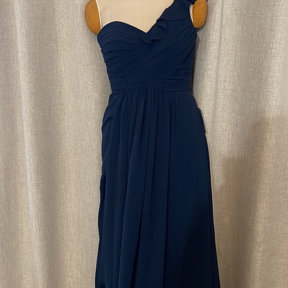 Wtoo Nordstrom Navy Blue Chiffon One Shoulder Gown 6 - Picture 2 of 7